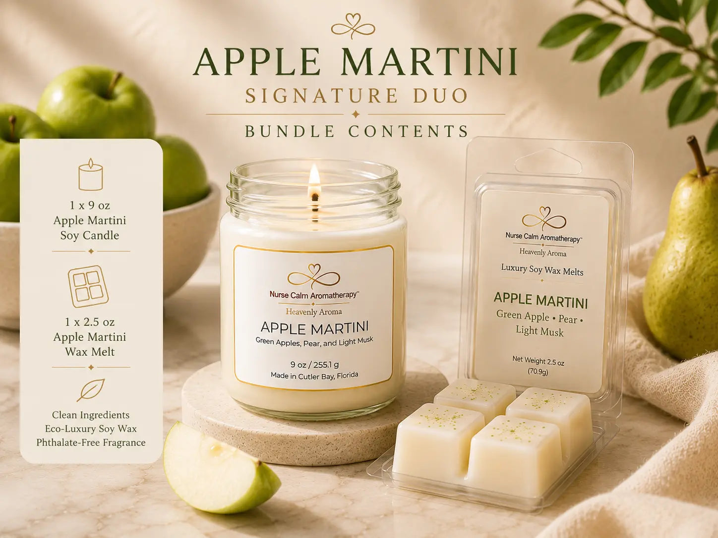 Apple Martini Signature Duo displaying a handcrafted 9 oz soy candle and 2.5 oz luxury soy wax melt with premium bundle details and fresh apple accents.