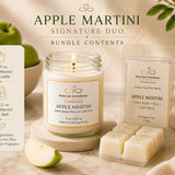 Apple Martini Signature Duo displaying a handcrafted 9 oz soy candle and 2.5 oz luxury soy wax melt with premium bundle details and fresh apple accents.
