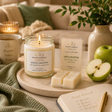 Apple Martini Signature Duo styled in a peaceful wellness space with a handcrafted soy candle, luxury wax melt, cozy blanket, tea, and relaxing home décor.