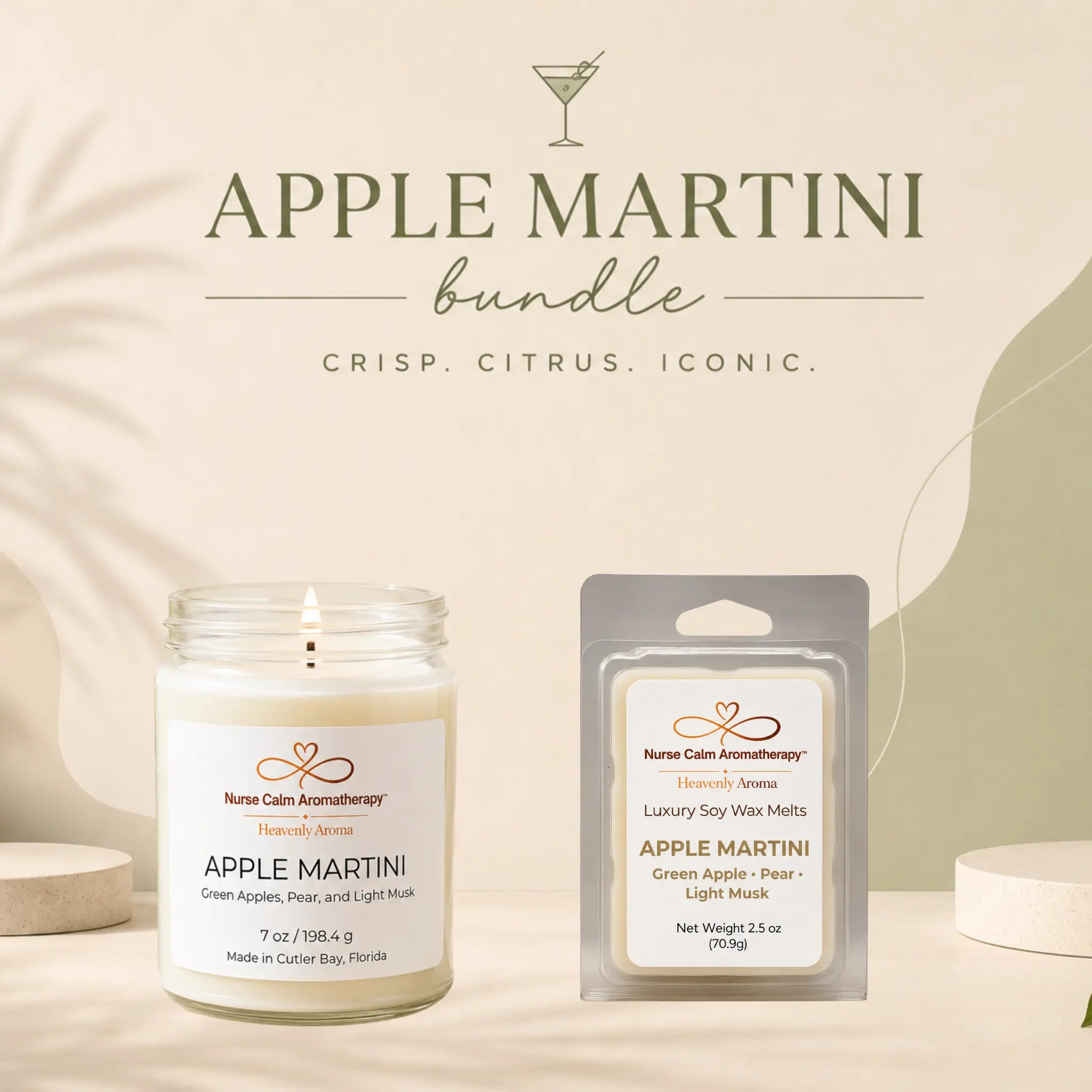 Apple Martini candle and wax melts with branding on a neutral background
