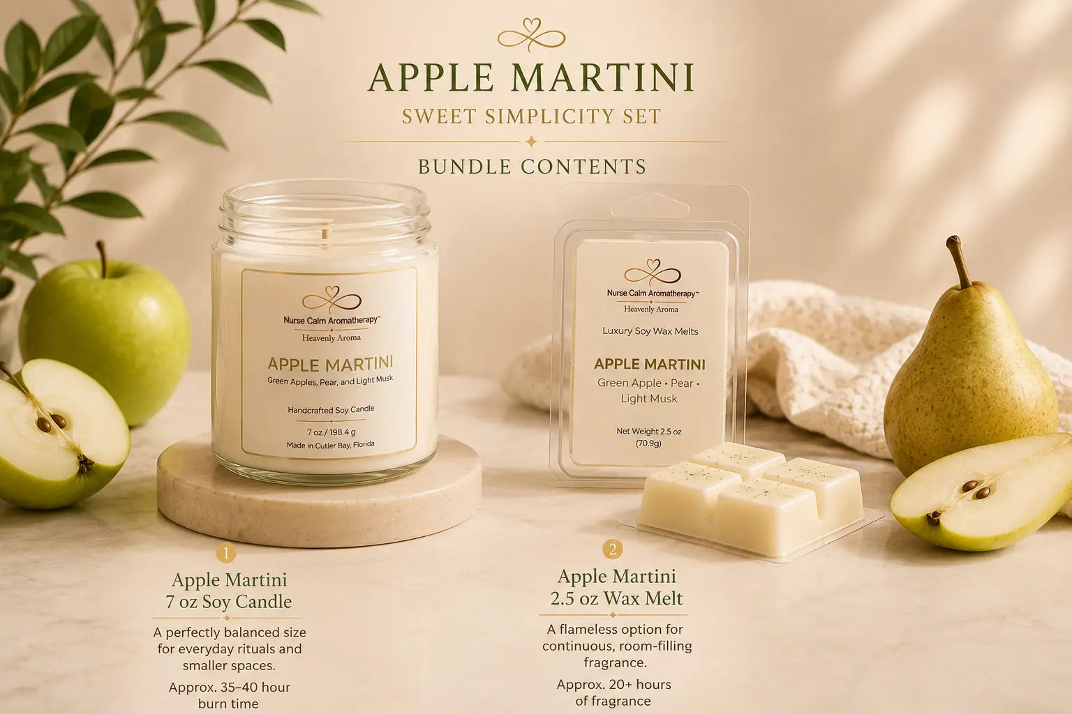 Apple Martini Sweet Simplicity Set showing the included 7 oz soy candle and 2.5 oz luxury soy wax melt in a premium bundle display with fresh fruit accents.