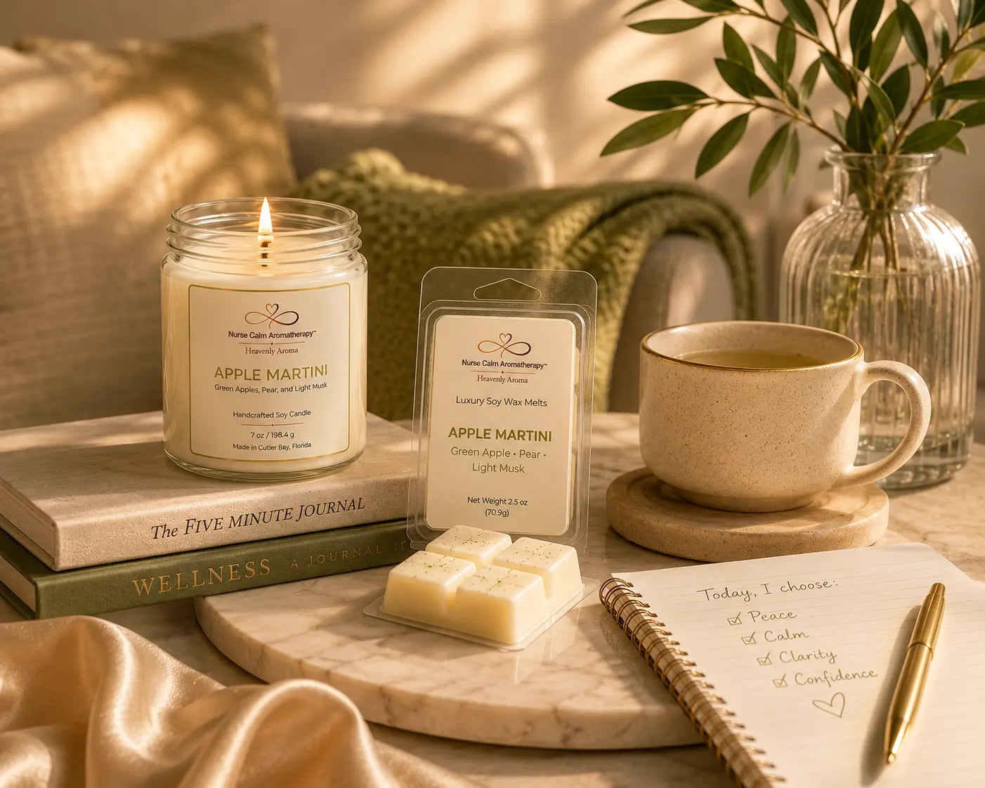 Apple Martini Sweet Simplicity Set creating a relaxing wellness moment with a handcrafted soy candle and luxury wax melt in a cozy, spa-inspired home setting.