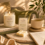 Apple Martini Sweet Simplicity Set creating a relaxing wellness moment with a handcrafted soy candle and luxury wax melt in a cozy, spa-inspired home setting.