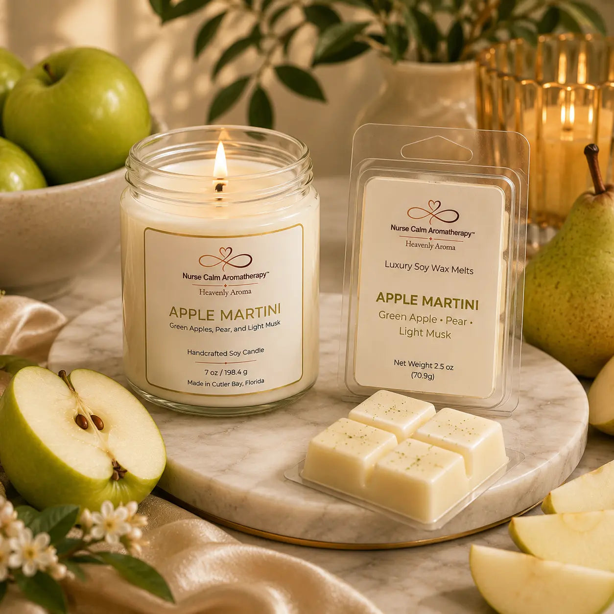 Close-up of the Apple Martini Sweet Simplicity Set featuring a handcrafted 7 oz soy candle and luxury soy wax melt with crisp green apple and pear styling.