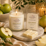 Close-up of the Apple Martini Sweet Simplicity Set featuring a handcrafted 7 oz soy candle and luxury soy wax melt with crisp green apple and pear styling.