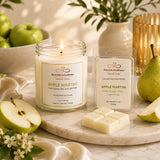 Apple Martini Sweet Simplicity Set featuring a 7 oz soy candle and Apple Martini luxury soy wax melt displayed on a warm cream marble surface with fresh green apples and pear accents.