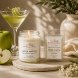 Apple Martini candle and wax melts with a cocktail and apple on a wooden surface.