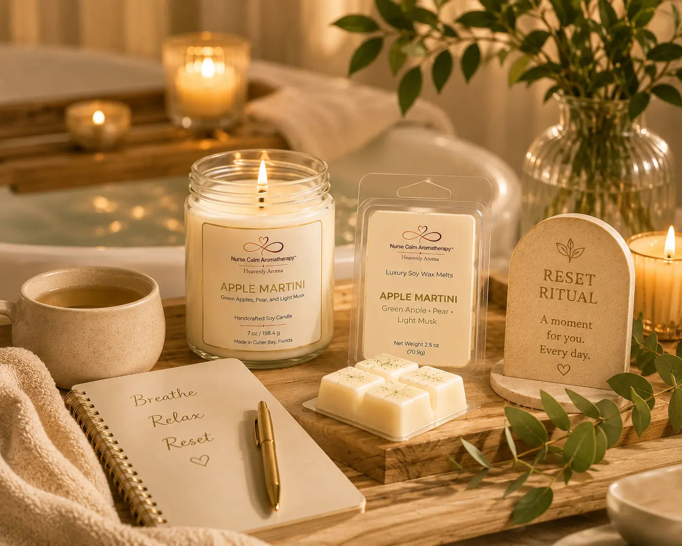 Apple Martini Sweet Simplicity Set featured in a Signature Reset Ritual with a handcrafted soy candle, luxury wax melt, calming tea, journal, and spa-inspired décor.
