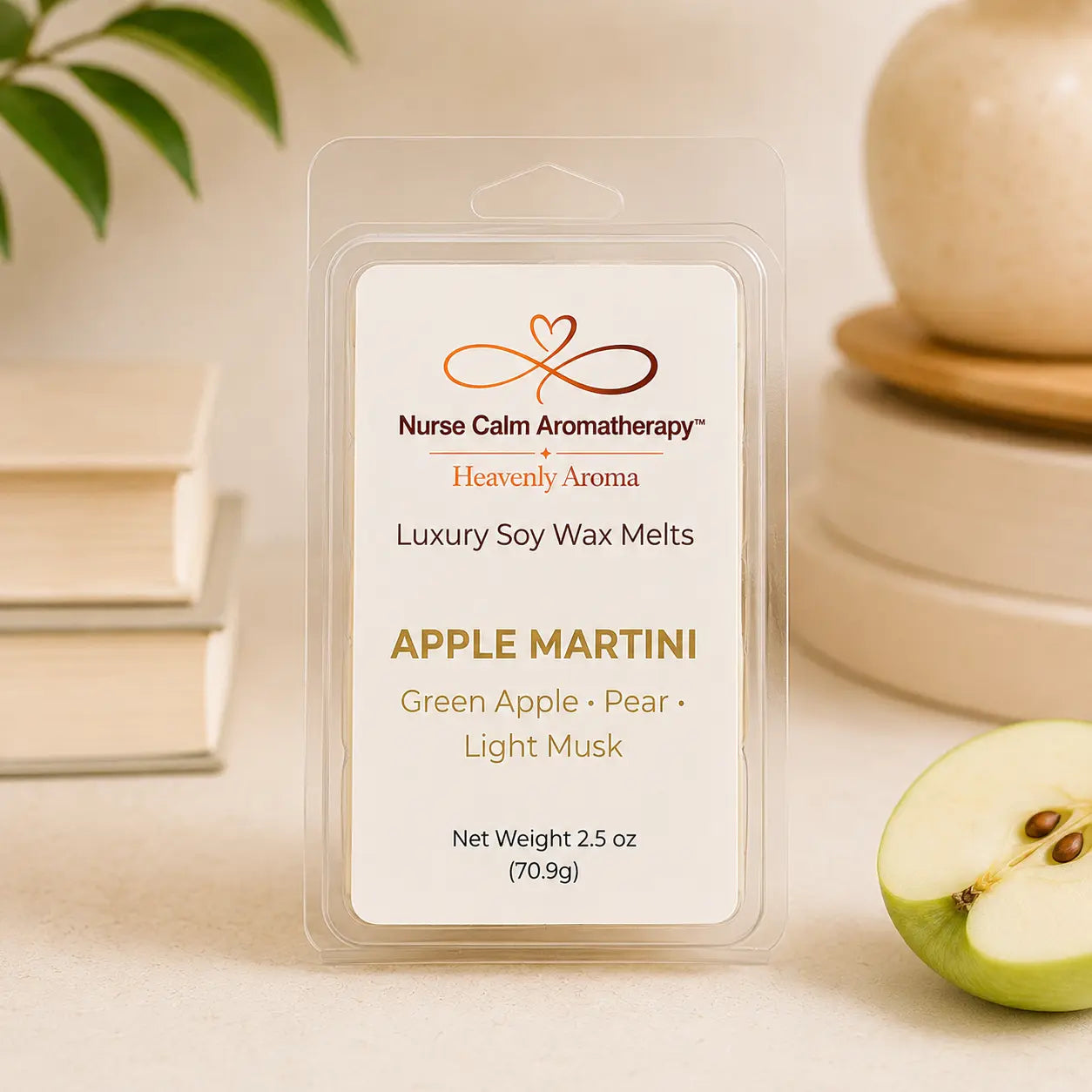 Apple Martini Luxury Soy Wax Melts by Nurse Calm Aromatherapy in premium clamshell packaging featuring crisp green apple, pear, and light musk fragrance notes on a clean neutral background.