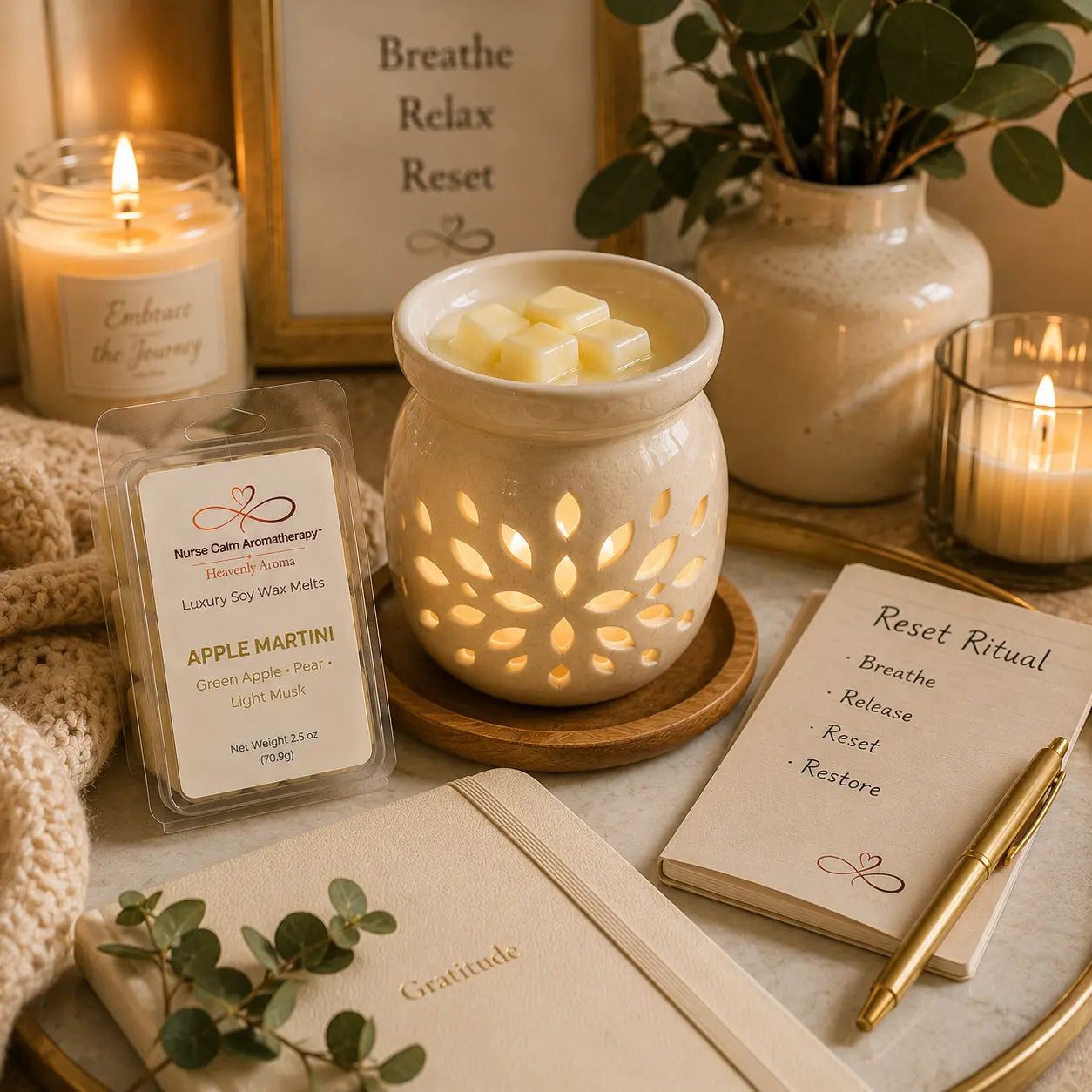 Apple Martini Luxury Soy Wax Melts displayed during a calming Reset Ritual with journaling, candlelight, a ceramic wax warmer, and peaceful surroundings.