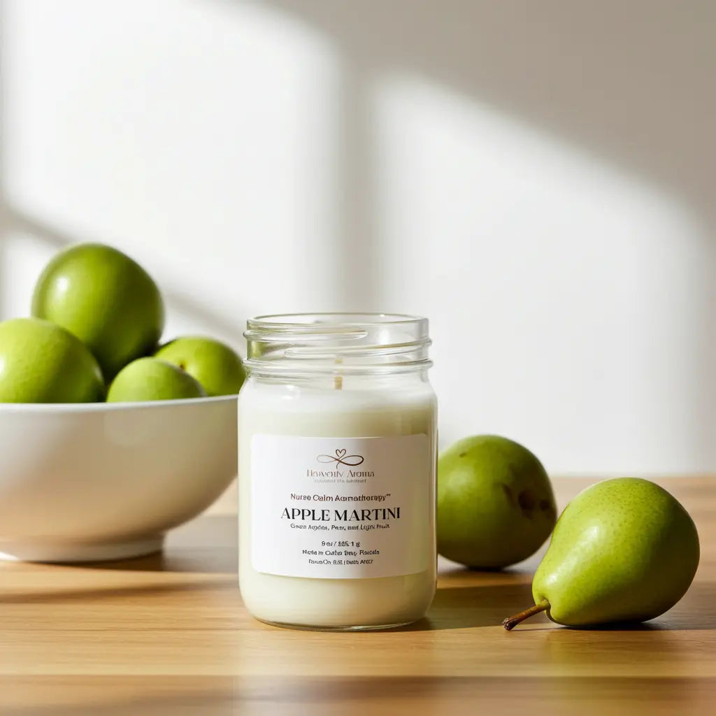 Candle labeled 'Apple Martini' on a wooden surface with apples and pears.
