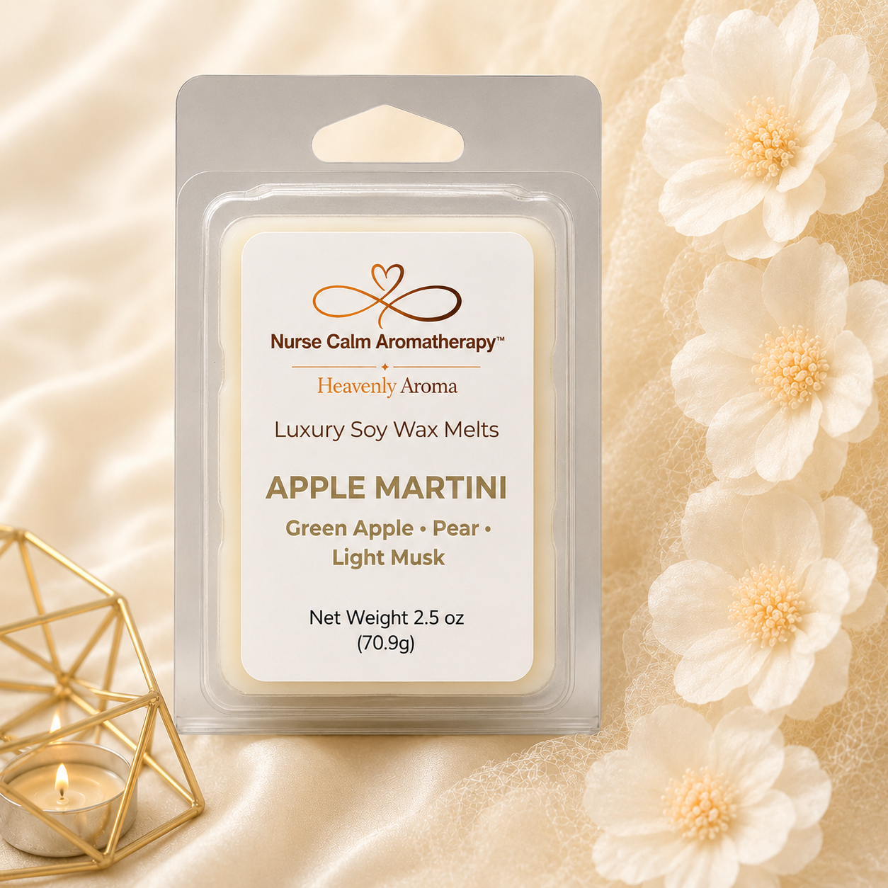 Nurse Calm Aromatherapy Apple Martini wax melt packaging with flowers and candle in the background