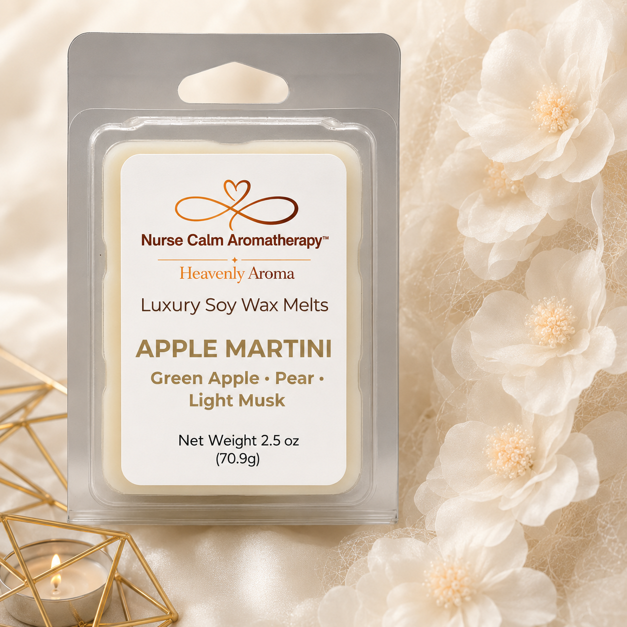 Apple Martini luxury soy wax melt by Nurse Calm Aromatherapy™ in a clear clamshell package with cream floral background and warm gold accents. Scent notes include green apple, pear, and light musk.

