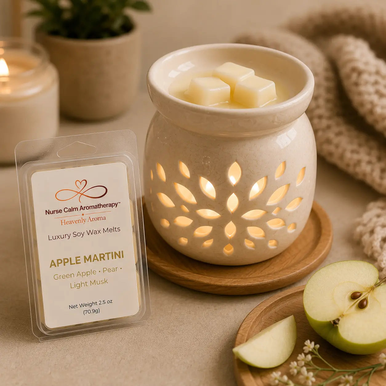 Apple Martini Luxury Soy Wax Melts melting in a ceramic wax warmer, filling the room with the fresh scent of green apple, pear, and soft musk.