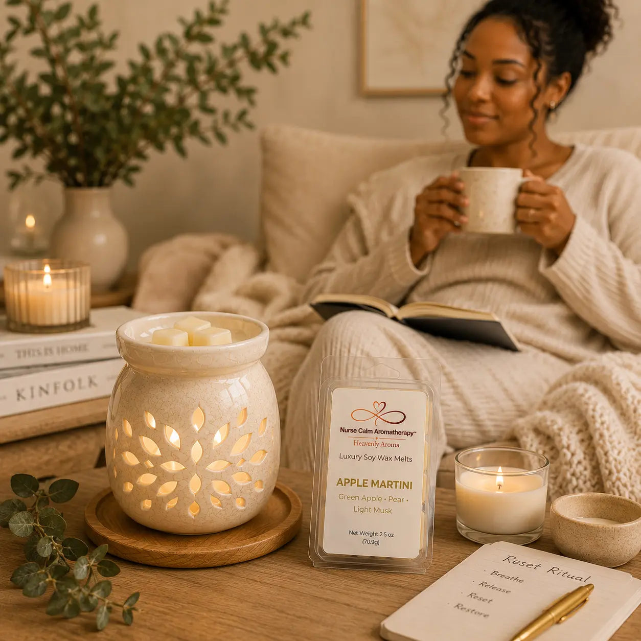 Bright wellness scene featuring Apple Martini Luxury Soy Wax Melts, a ceramic wax warmer, tea, books, and cozy décor creating a refreshing self-care atmosphere.