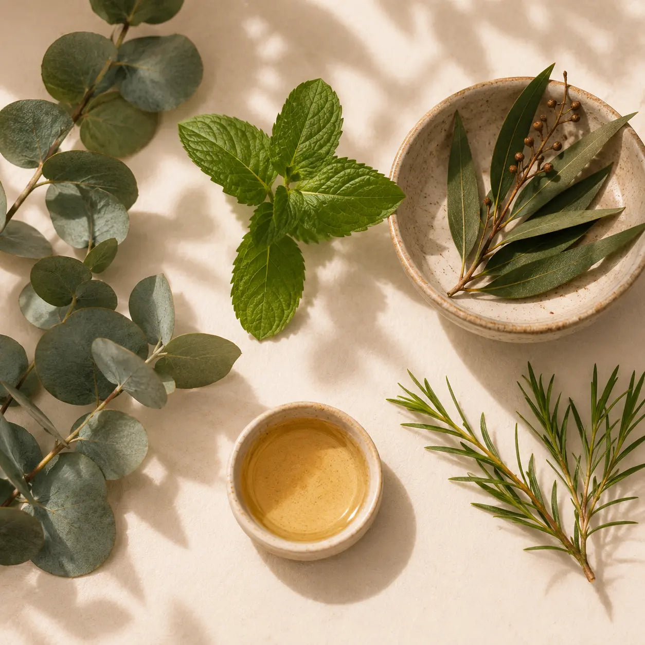 Fresh eucalyptus leaves, peppermint and tea tree displayed as the natural ingredients of Breathe & Reset Essential Oil Roller.