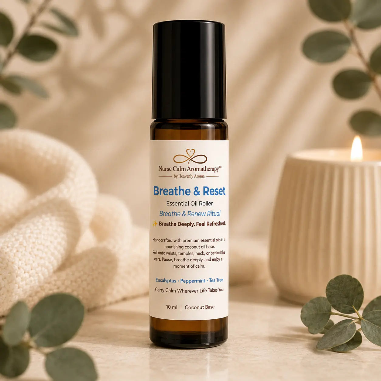 Close-up of Breathe & Reset Essential Oil Roller featuring eucalyptus, peppermint and tea tree in a 10 ml amber glass bottle.