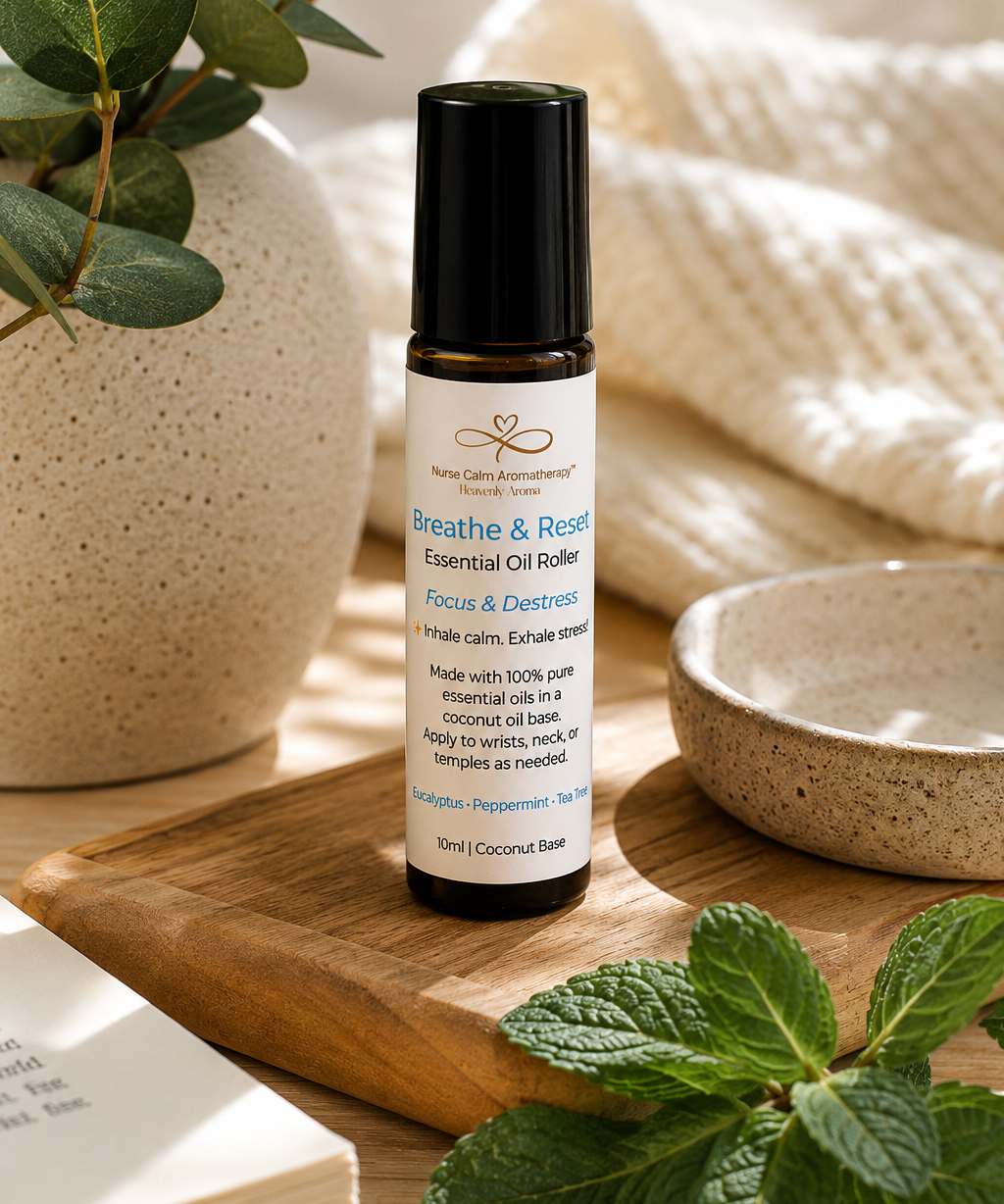 Essential oil roller bottle on a wooden surface with plants and a book in the background