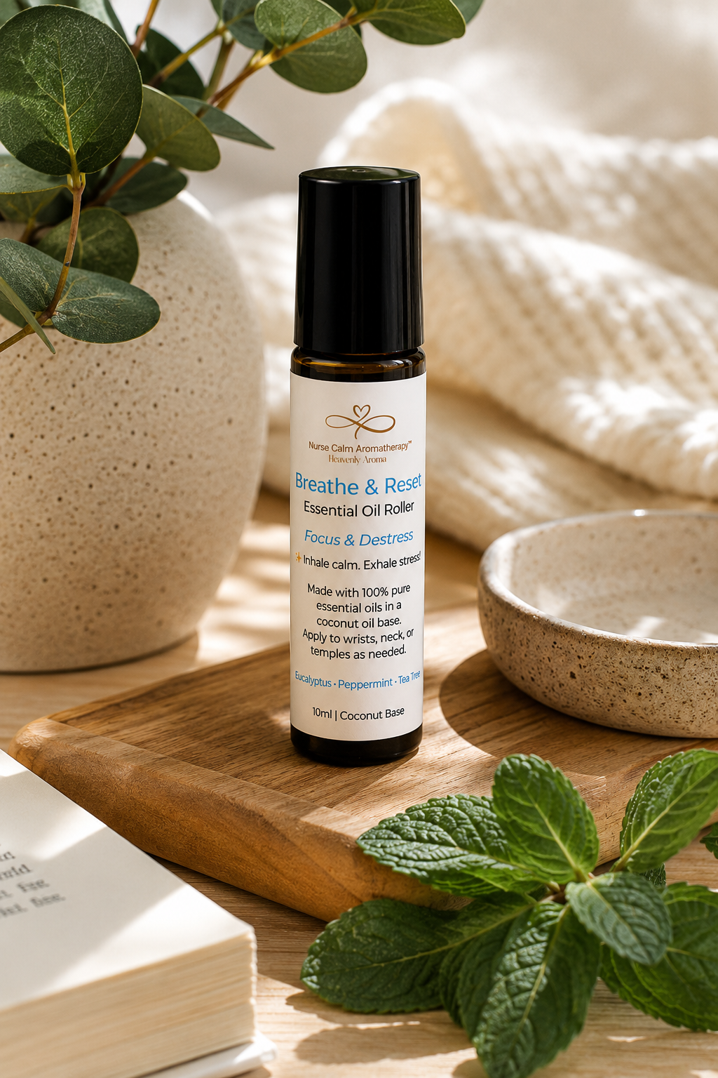 Essential oil roller bottle on a wooden surface with plants and a book in the background