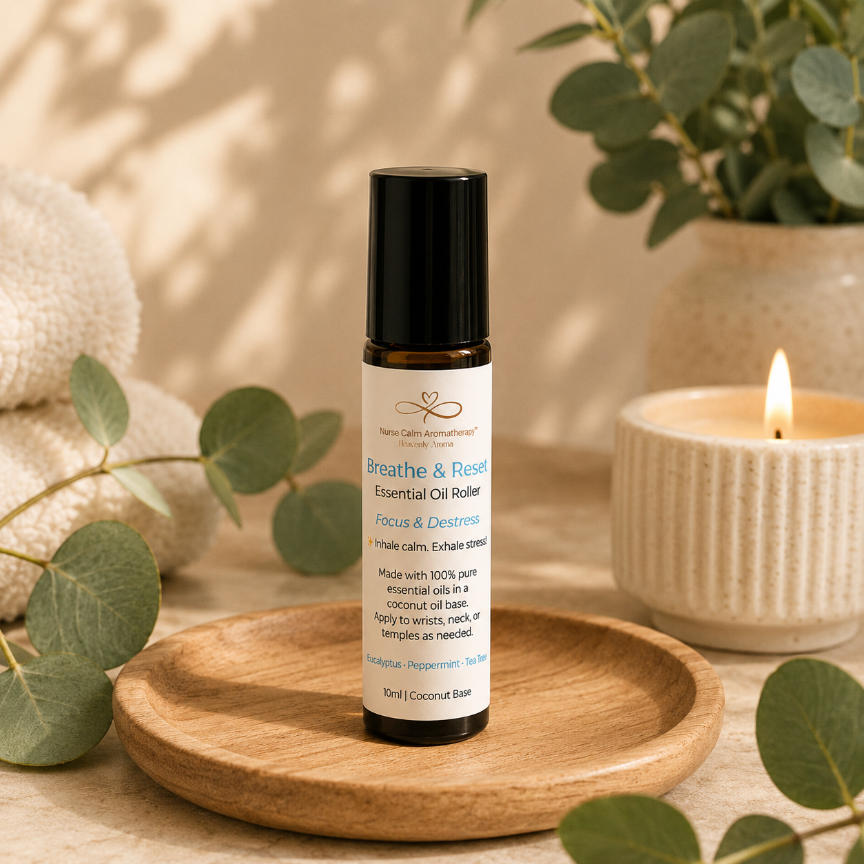Essential oil roller bottle on a wooden tray with a candle and eucalyptus leaves in the background