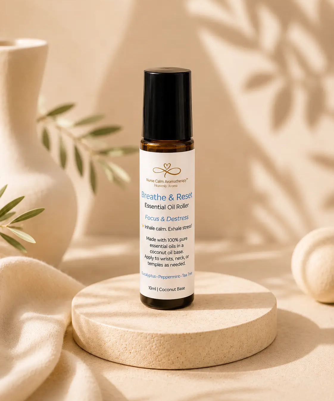 Essential oil roller bottle on a wooden stand with a neutral background