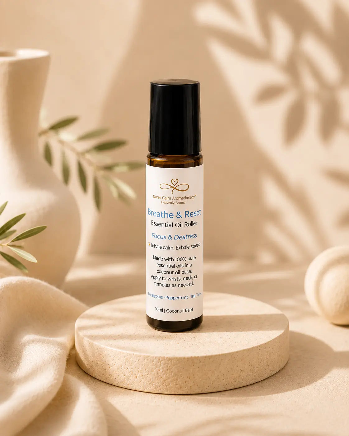 Essential oil roller bottle on a wooden stand with a neutral background