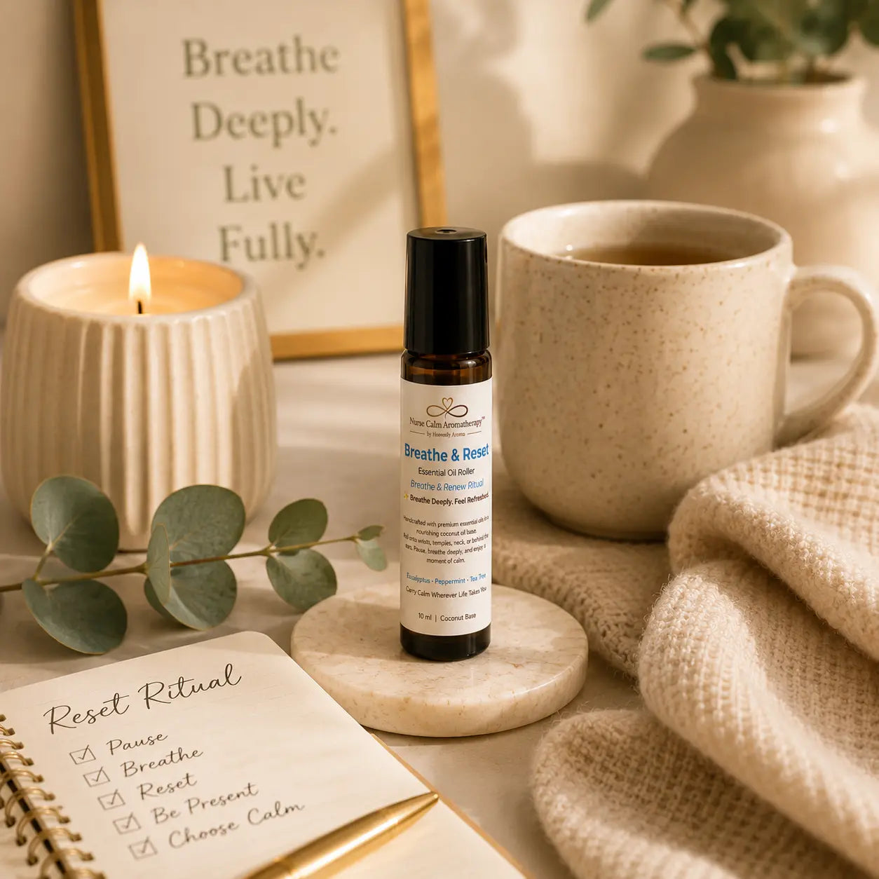 Breathe & Reset Essential Oil Roller featured in the Nurse Calm Aromatherapy Signature Reset Ritual for moments of renewal and clarity.