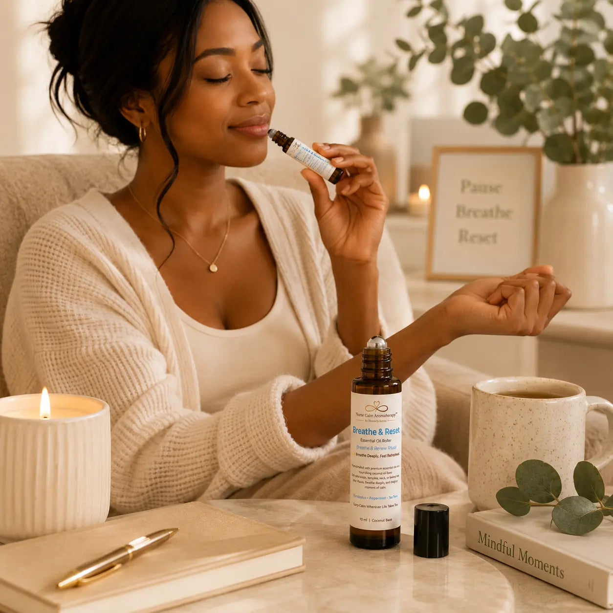 Breathe & Reset Essential Oil Roller displayed with calming wellness essentials in a bright spa-inspired environment.