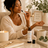 Breathe & Reset Essential Oil Roller displayed with calming wellness essentials in a bright spa-inspired environment.