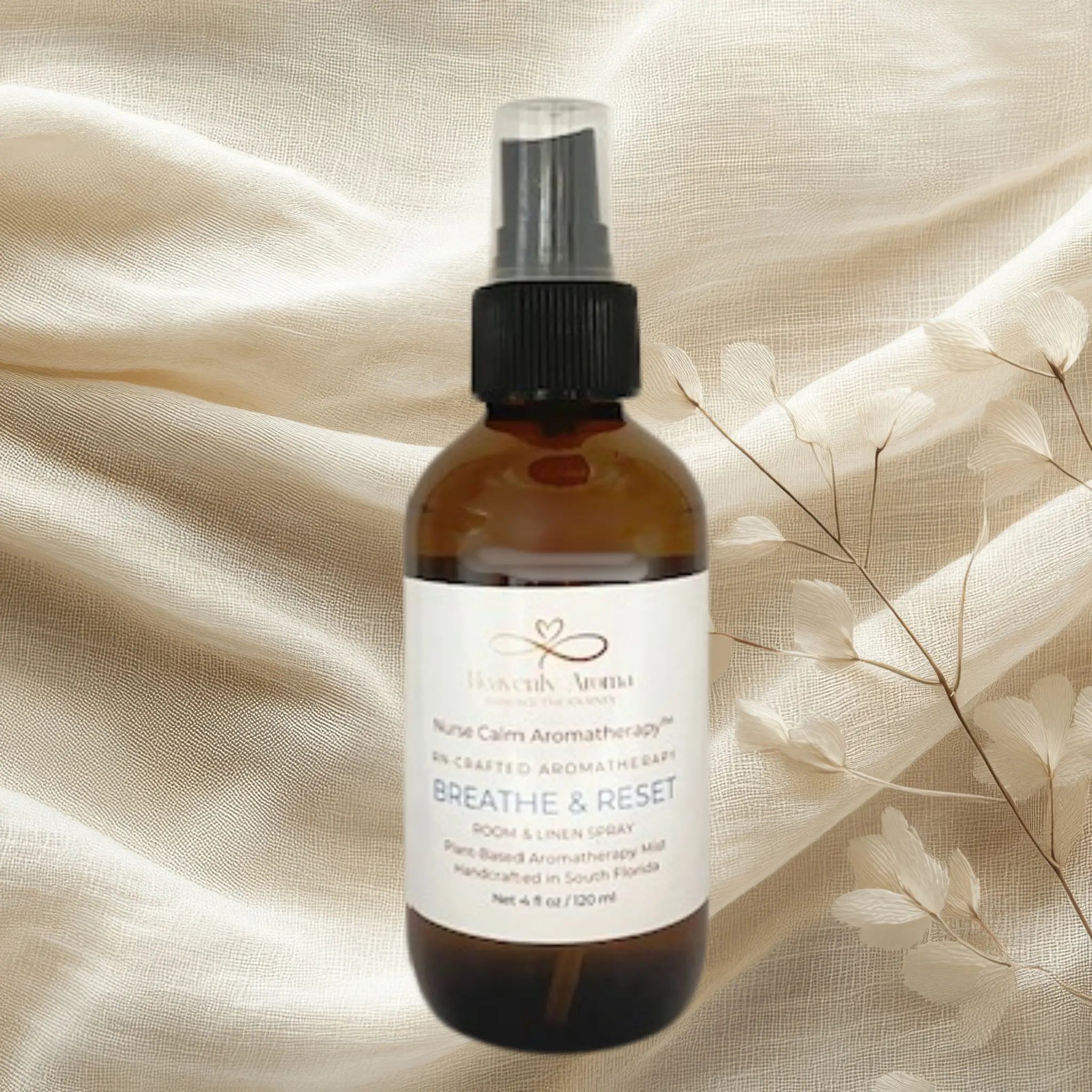 Brown bottle with a label on a beige fabric background