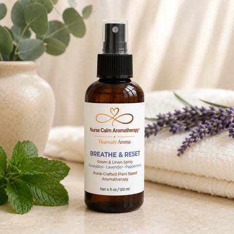 Breathe & Reset Room & Linen Spray by Nurse Calm Aromatherapy™ featuring eucalyptus, lavender, and peppermint in a luxury spa setting.