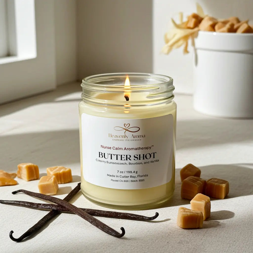 Butter Shot candle from Heavenly Aroma with vanilla beans and caramel pieces on a light surface.