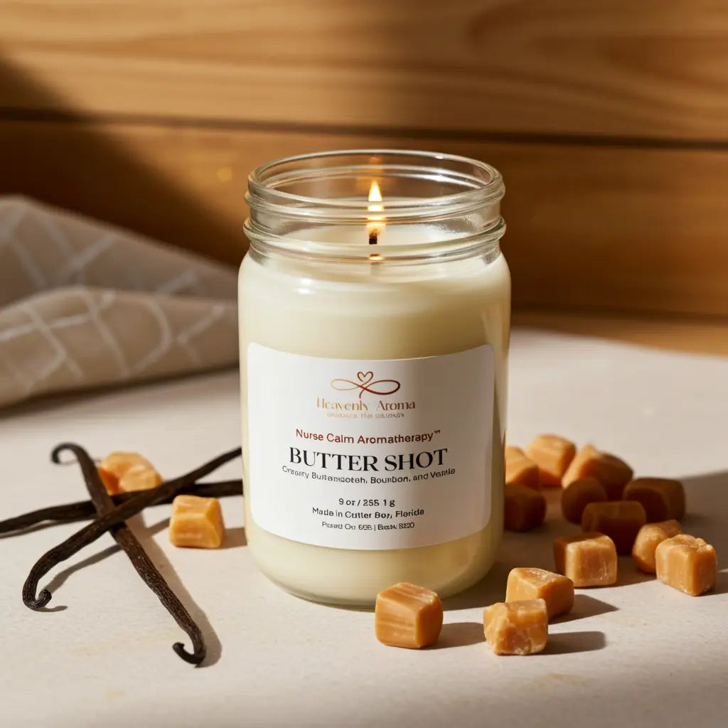 Candle in a jar labeled 'Butter Shot' with vanilla beans and caramel pieces on a wooden surface.
