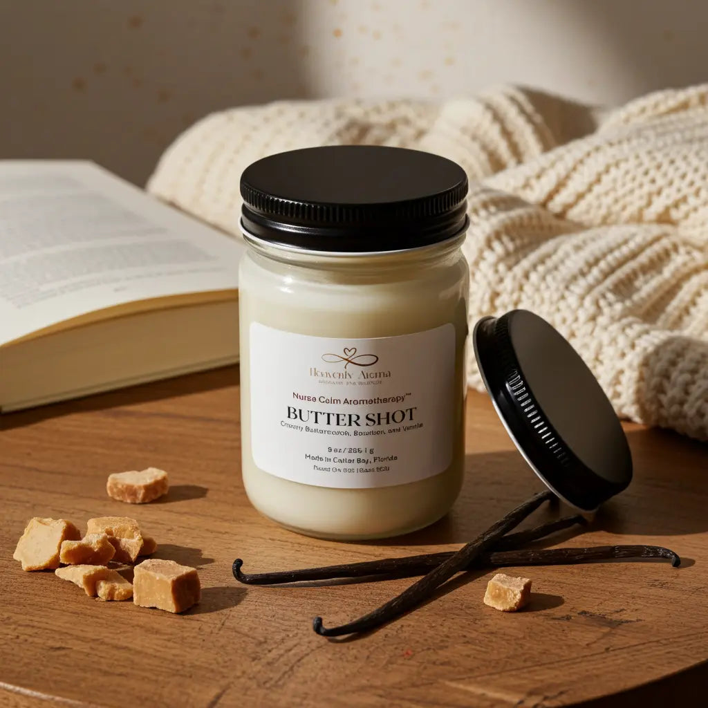 Jar of 'Butter Shot' candle with vanilla beans and sugar cubes on a wooden surface.