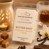 Close-up of Butter Shot Luxury Soy Wax Melts highlighting the premium packaging and handcrafted soy wax cubes inspired by warm butterscotch, bourbon, and vanilla.