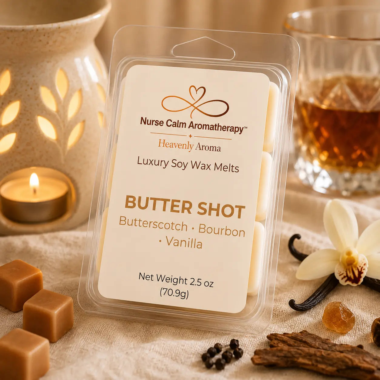 Butter Shot Luxury Soy Wax Melts by Nurse Calm Aromatherapy in premium clamshell packaging featuring warm butterscotch, bourbon, and vanilla fragrance notes on a clean neutral background.