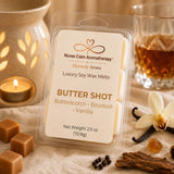 Butter Shot Luxury Soy Wax Melts by Nurse Calm Aromatherapy in premium clamshell packaging featuring warm butterscotch, bourbon, and vanilla fragrance notes on a clean neutral background.