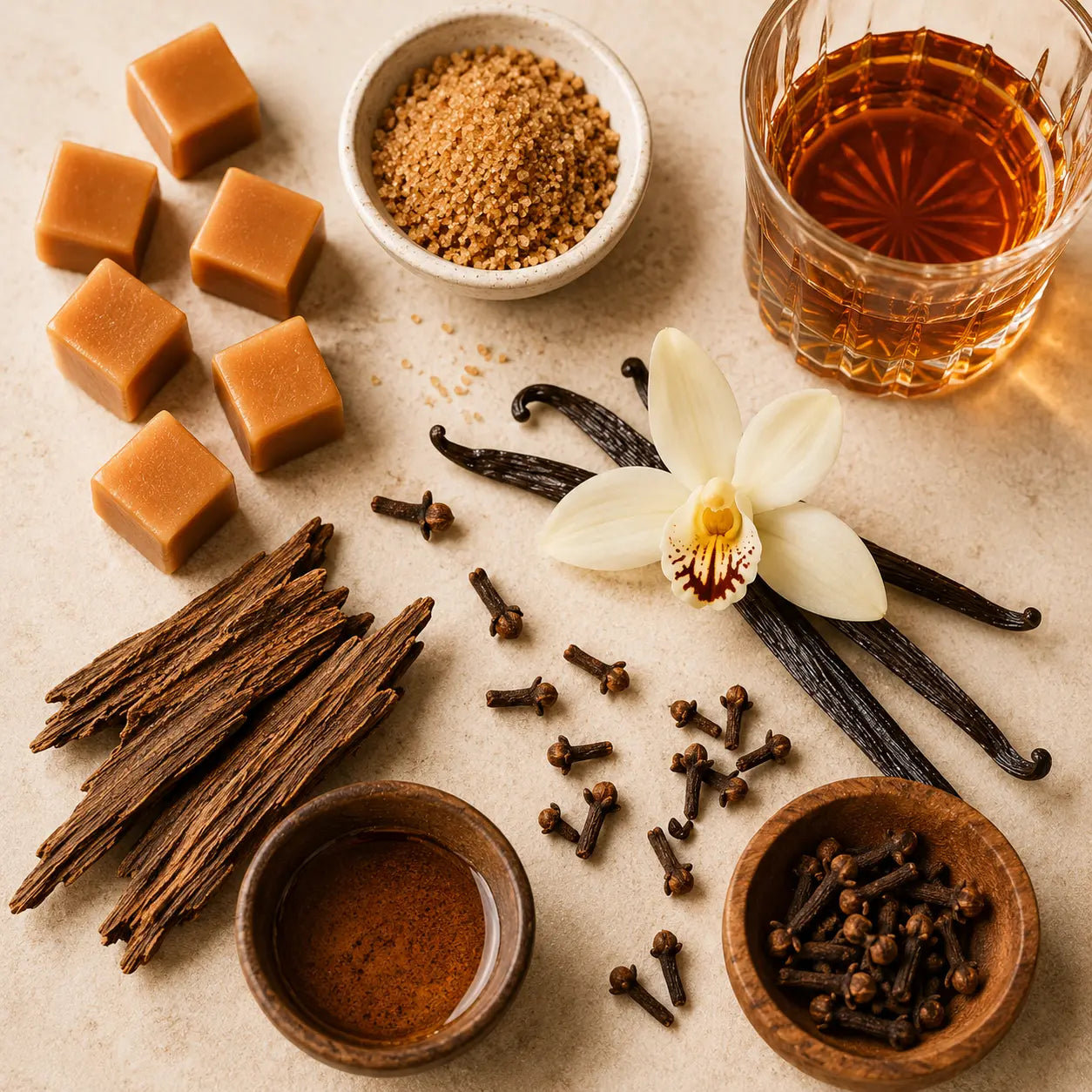 Flat lay of Butter Shot fragrance inspiration featuring creamy vanilla beans, caramel, warm bourbon, brown sugar, cloves, and rich wood accents representing the scent profile.