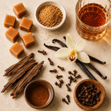 Flat lay of Butter Shot fragrance inspiration featuring creamy vanilla beans, caramel, warm bourbon, brown sugar, cloves, and rich wood accents representing the scent profile.