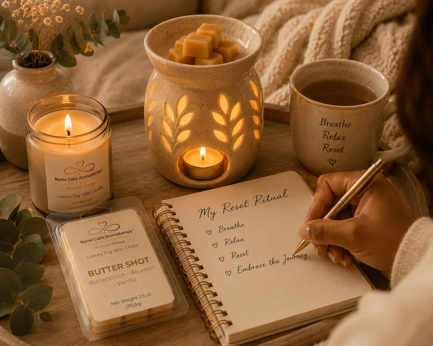 Butter Shot Luxury Soy Wax Melts displayed during a calming Reset Ritual with journaling, candlelight, a ceramic wax warmer, and cozy surroundings designed to inspire moments of relaxation and mindfulness.