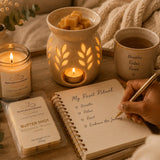 Butter Shot Luxury Soy Wax Melts displayed during a calming Reset Ritual with journaling, candlelight, a ceramic wax warmer, and cozy surroundings designed to inspire moments of relaxation and mindfulness.