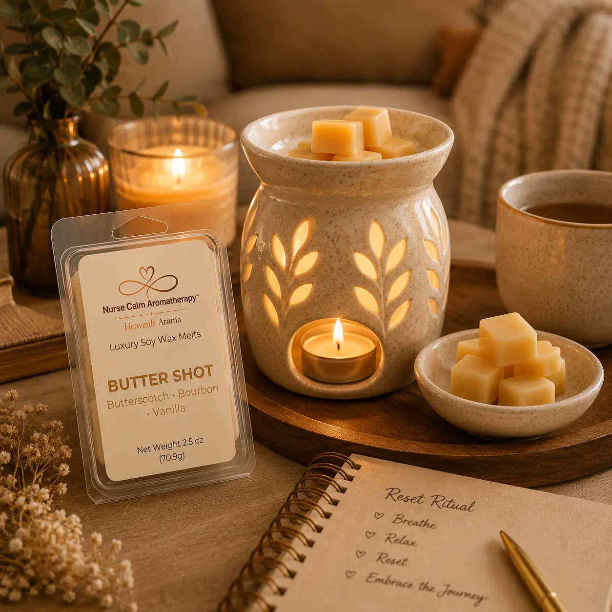 Butter Shot Luxury Soy Wax Melts melting in a ceramic wax warmer, creating a warm and inviting home filled with comforting butterscotch, bourbon, and vanilla fragrance.