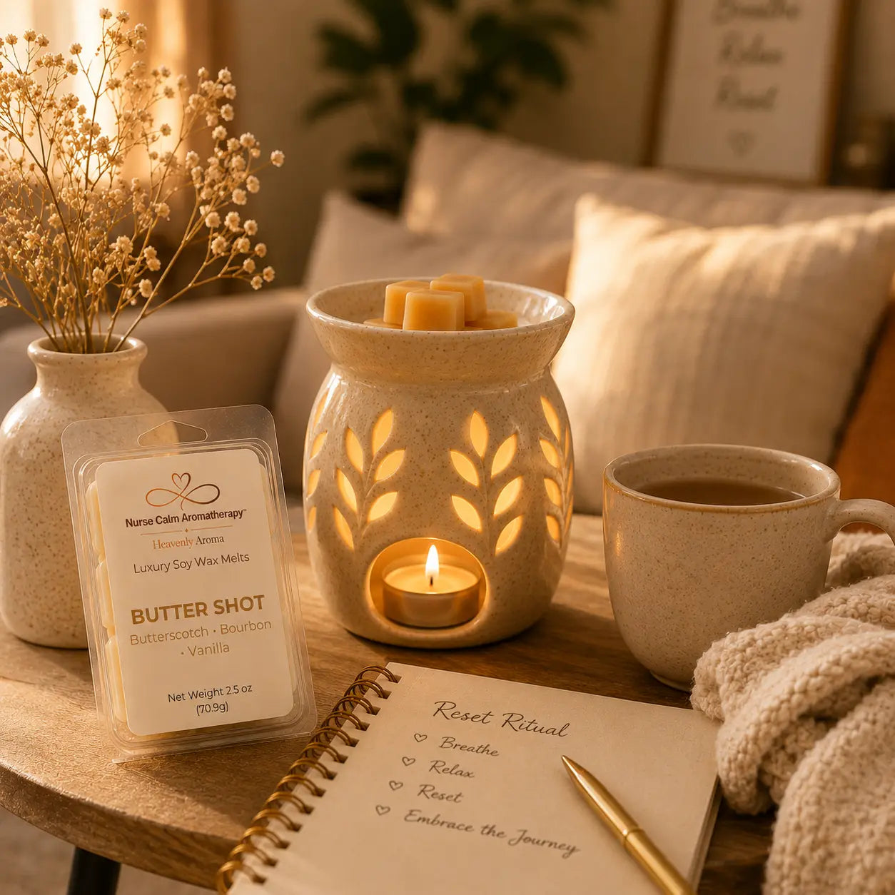 Cozy wellness scene featuring Butter Shot Luxury Soy Wax Melts, a glowing wax warmer, warm tea, soft blankets, and relaxing home décor for a peaceful self-care experience.