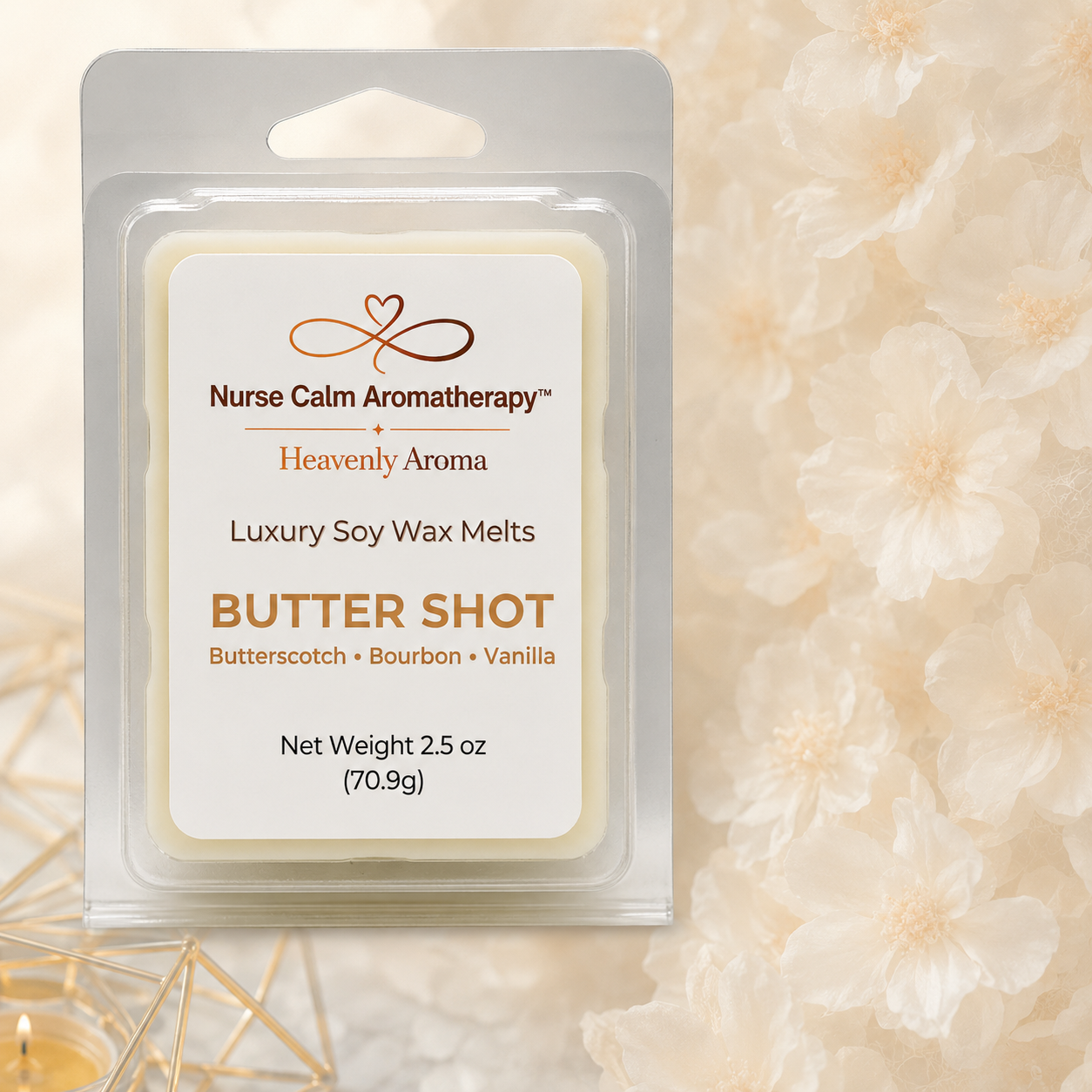 Nurse Calm Aromatherapy wax melt package on a textured beige background
