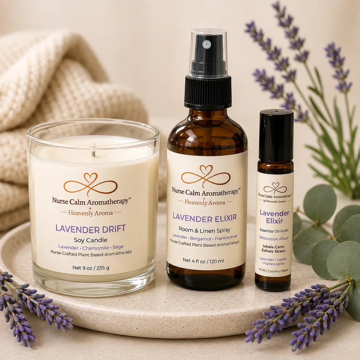 Calm Reset Ritual bundle contents including Lavender Drift soy candle, Lavender Elixir Room & Linen Spray, and Lavender Elixir Essential Oil Roller.