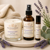 Calm Reset Ritual bundle contents including Lavender Drift soy candle, Lavender Elixir Room & Linen Spray, and Lavender Elixir Essential Oil Roller.