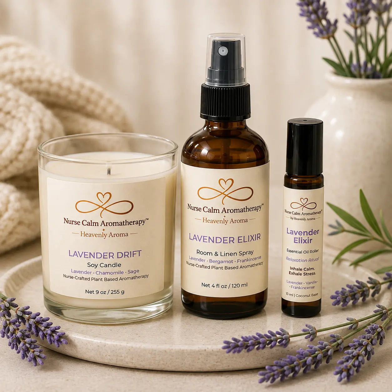 Close-up of the Calm Reset Ritual bundle featuring Lavender Drift candle, Lavender Elixir Room & Linen Spray, and Lavender Elixir Essential Oil Roller.