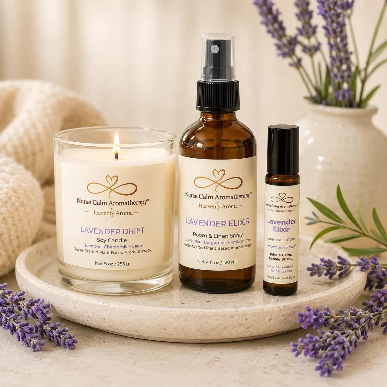 Calm Reset Ritual wellness bundle featuring Lavender Drift soy candle, Lavender Elixir Room & Linen Spray, and Lavender Elixir Essential Oil Roller by Nurse Calm Aromatherapy.