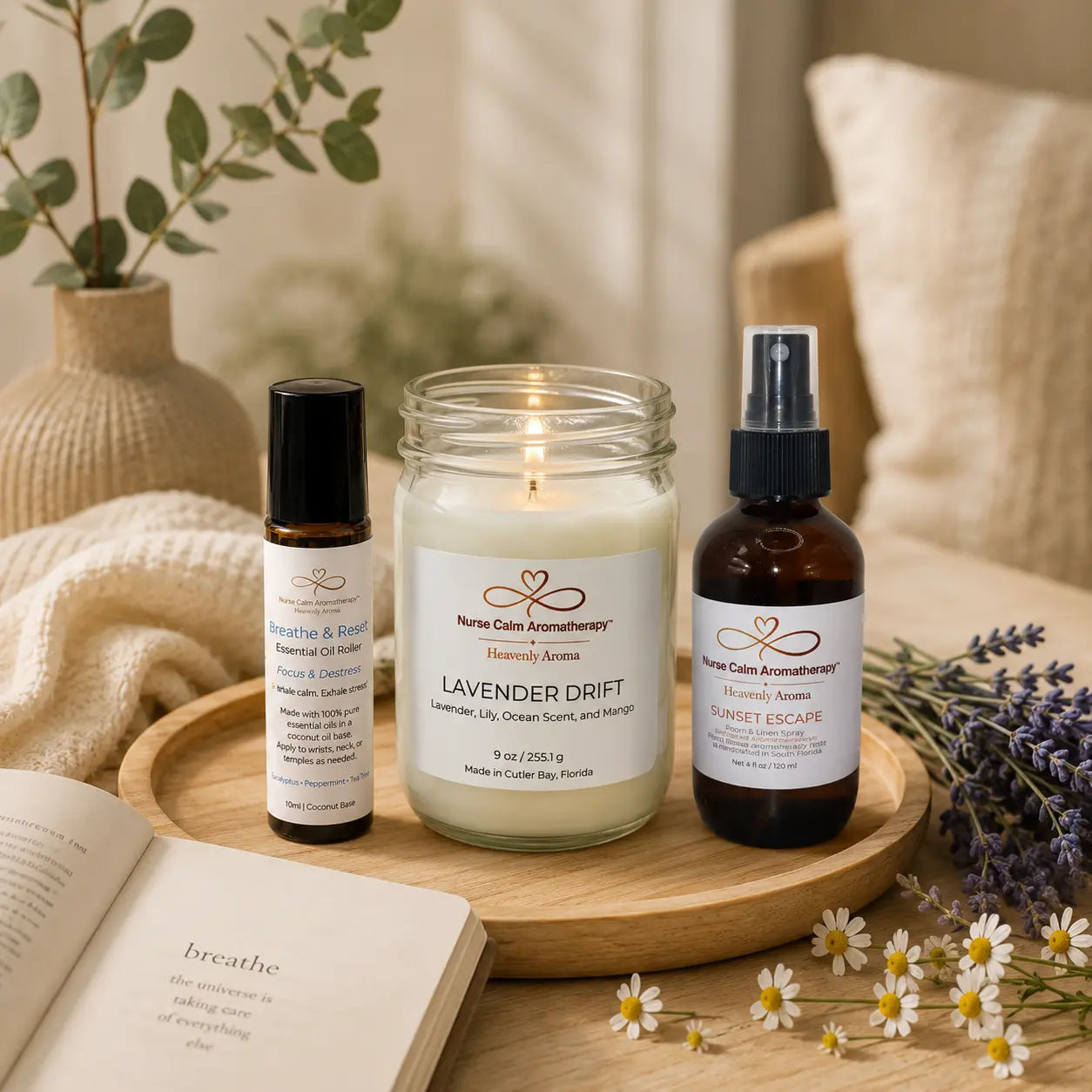 Aromatherapy products including a candle and essential oils on a wooden tray with a cozy background.