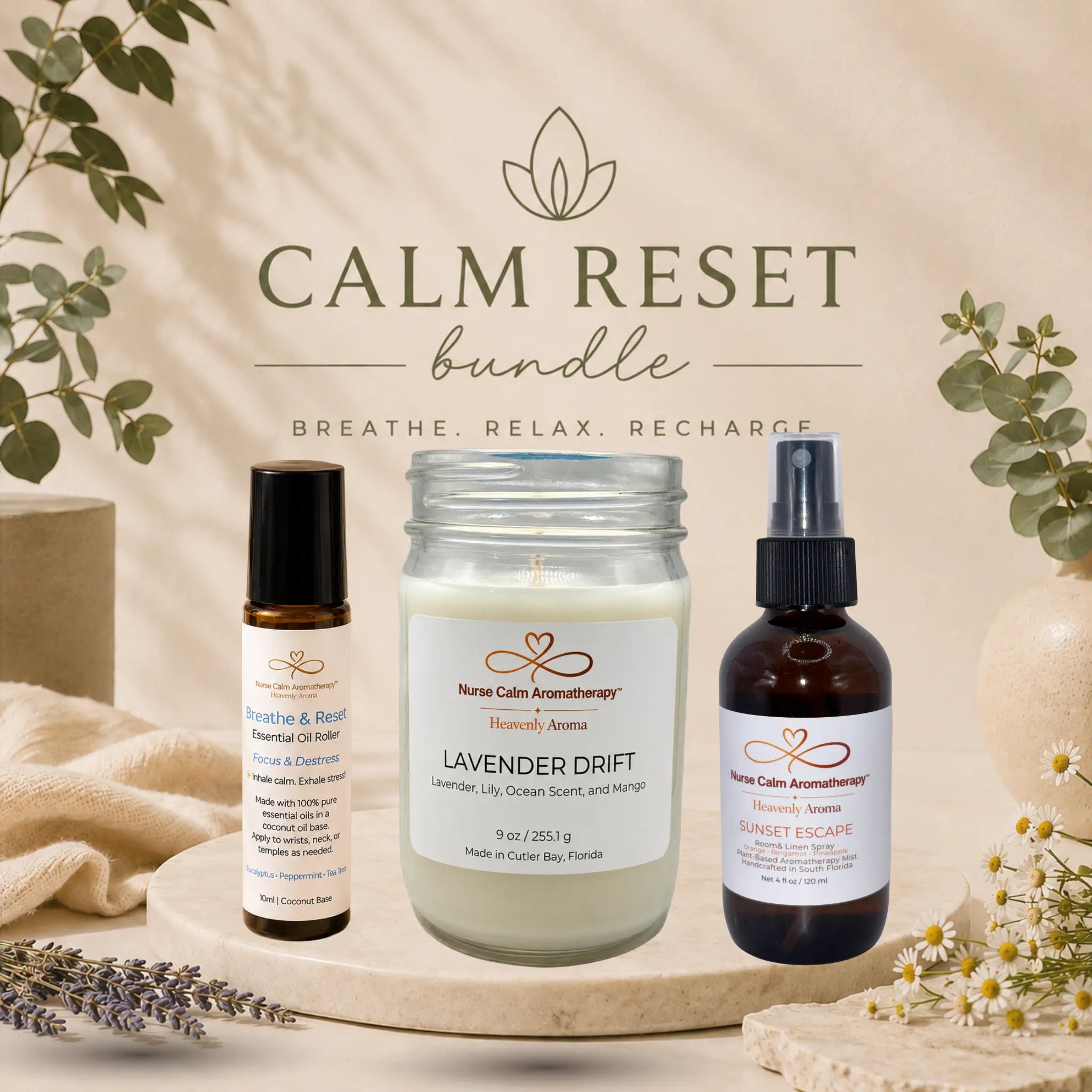 Calm Reset bundle with candles, essential oil bottles, and lavender on a neutral background